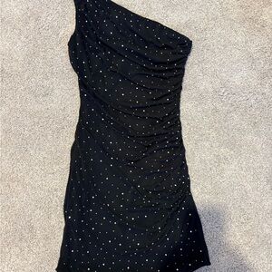 Lucy in the Sky Black One-Shoulder Dress with Silver Accents